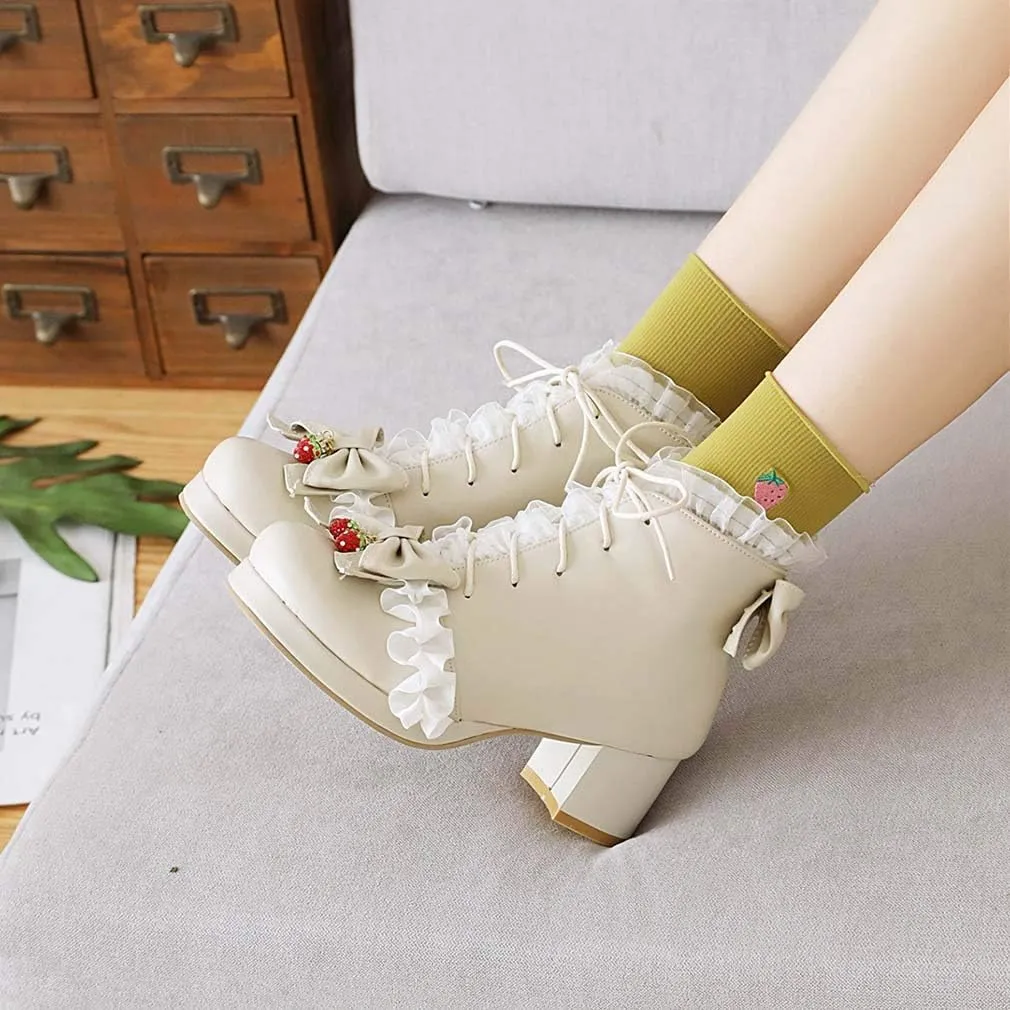 Elyffany Fashion Bow Ankle Boots Lace up Cute Chunky Heel Lolita Shoes