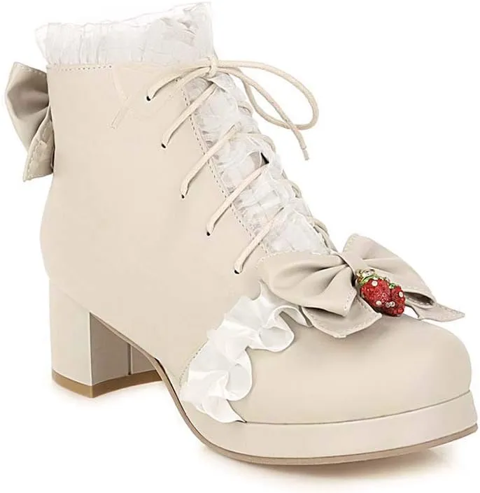 Elyffany Fashion Bow Ankle Boots Lace up Cute Chunky Heel Lolita Shoes