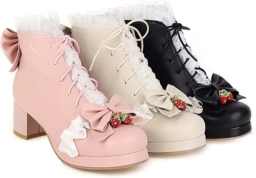 Elyffany Fashion Bow Ankle Boots Lace up Cute Chunky Heel Lolita Shoes