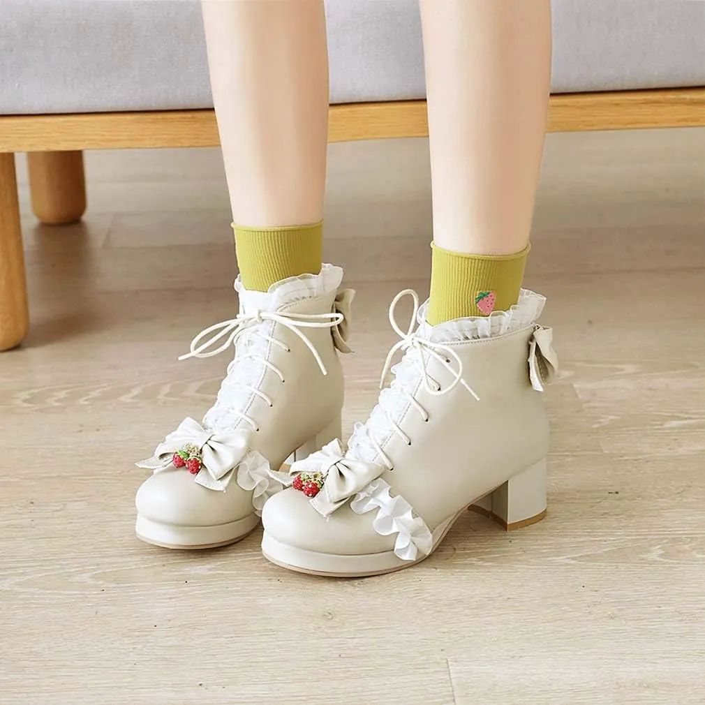 Elyffany Fashion Bow Ankle Boots Lace up Cute Chunky Heel Lolita Shoes