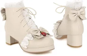 Elyffany Fashion Bow Ankle Boots Lace up Cute Chunky Heel Lolita Shoes