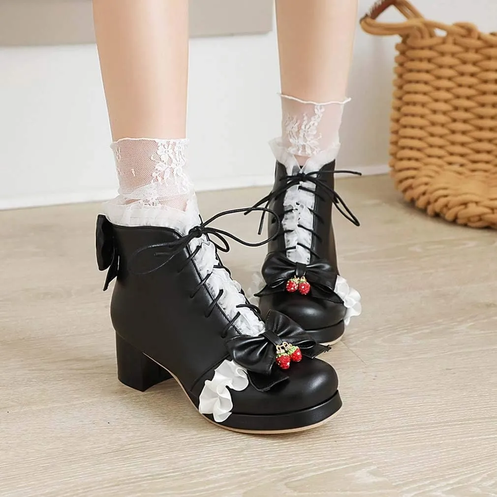Elyffany Fashion Bow Ankle Boots Lace up Cute Chunky Heel Lolita Shoes