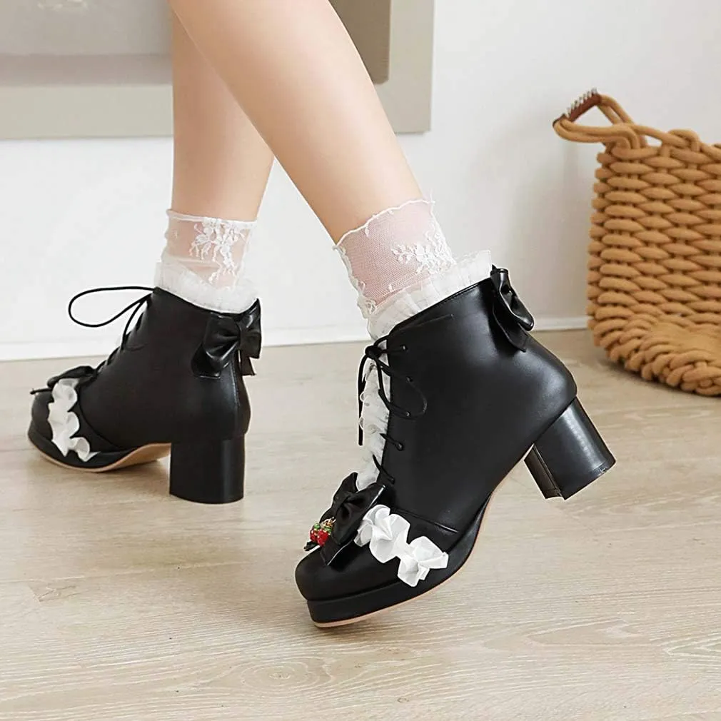 Elyffany Fashion Bow Ankle Boots Lace up Cute Chunky Heel Lolita Shoes