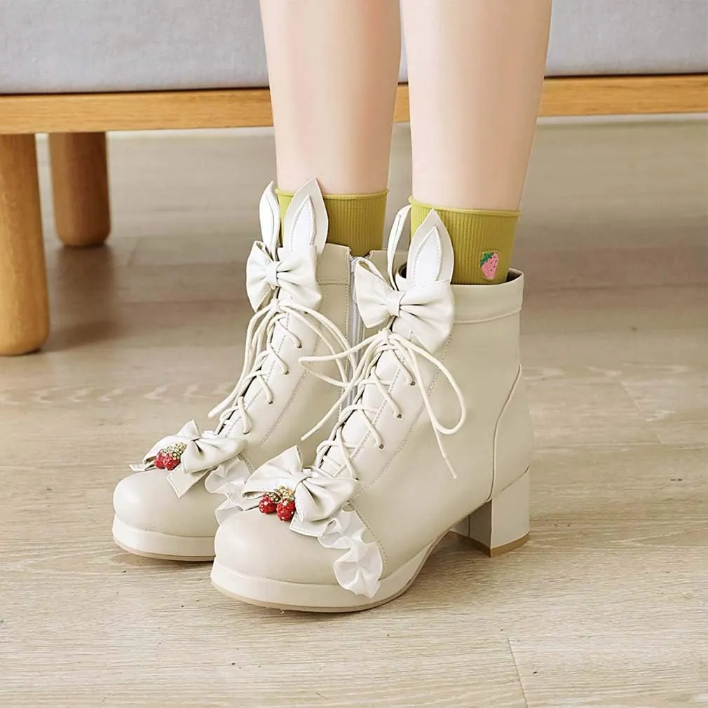 Elyffany Womens Sweet Platform Lolita Boots Chunky Heel Lace up Bow Ankle Boots