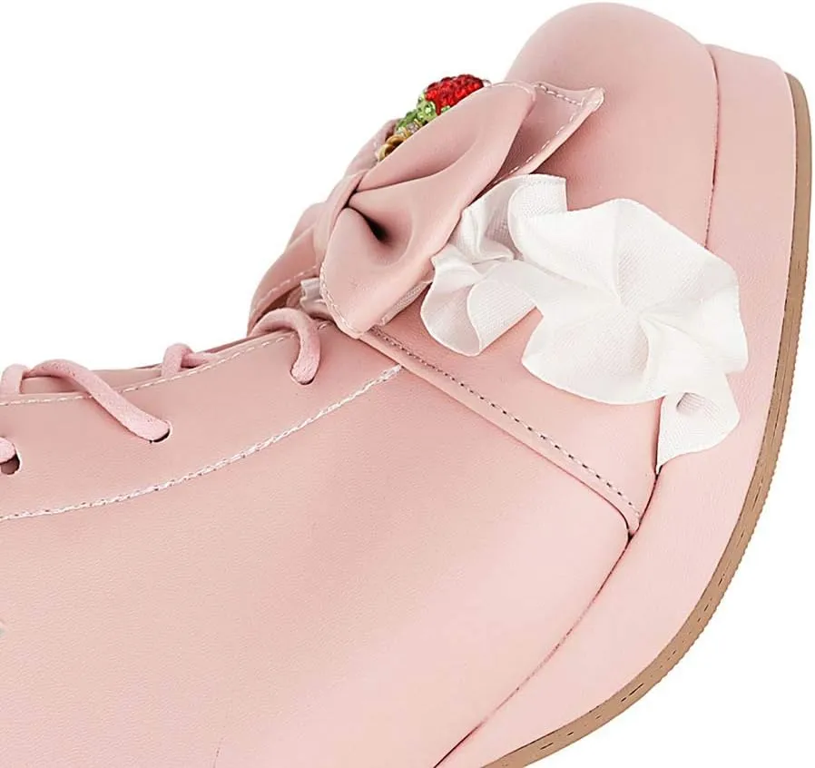 Elyffany Womens Sweet Platform Lolita Boots Chunky Heel Lace up Bow Ankle Boots