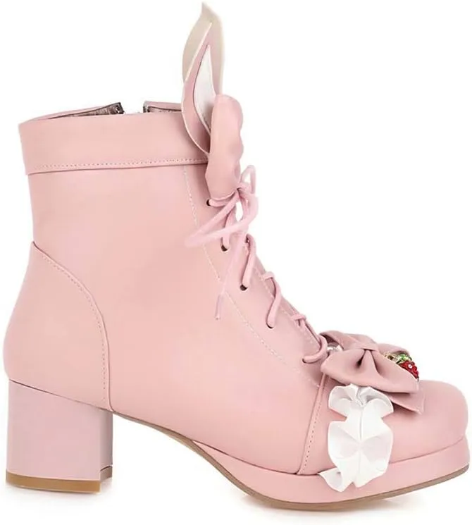Elyffany Womens Sweet Platform Lolita Boots Chunky Heel Lace up Bow Ankle Boots