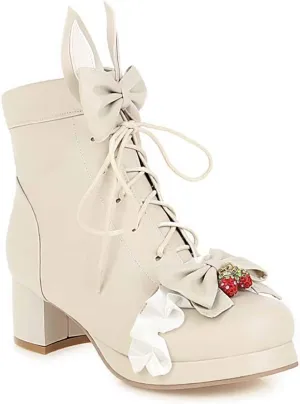 Elyffany Womens Sweet Platform Lolita Boots Chunky Heel Lace up Bow Ankle Boots