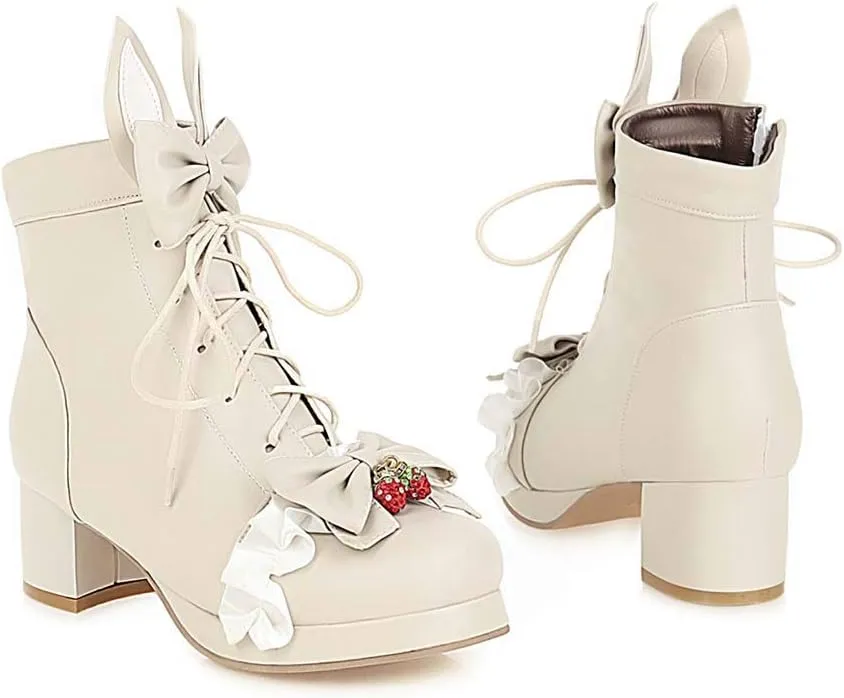 Elyffany Womens Sweet Platform Lolita Boots Chunky Heel Lace up Bow Ankle Boots