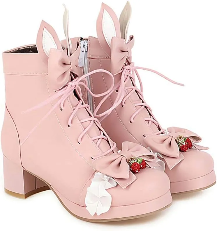Elyffany Womens Sweet Platform Lolita Boots Chunky Heel Lace up Bow Ankle Boots