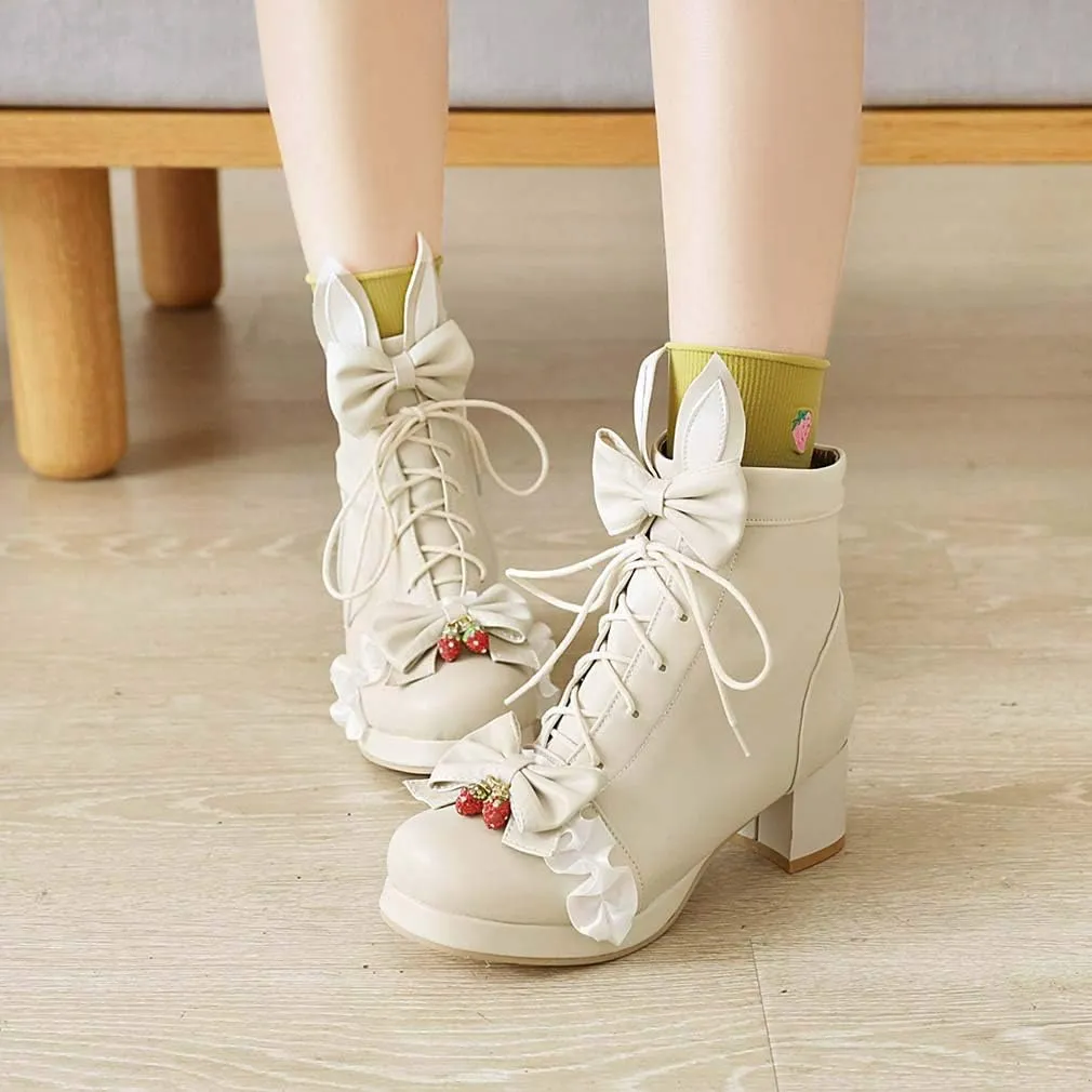 Elyffany Womens Sweet Platform Lolita Boots Chunky Heel Lace up Bow Ankle Boots