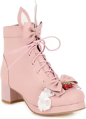 Elyffany Womens Sweet Platform Lolita Boots Chunky Heel Lace up Bow Ankle Boots