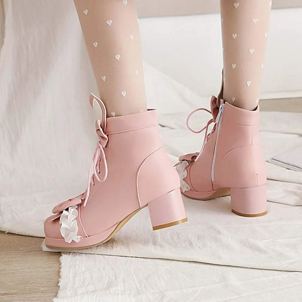 Elyffany Womens Sweet Platform Lolita Boots Chunky Heel Lace up Bow Ankle Boots