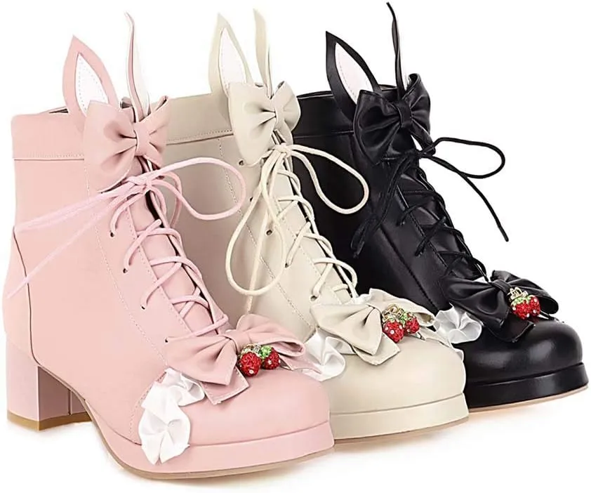 Elyffany Womens Sweet Platform Lolita Boots Chunky Heel Lace up Bow Ankle Boots