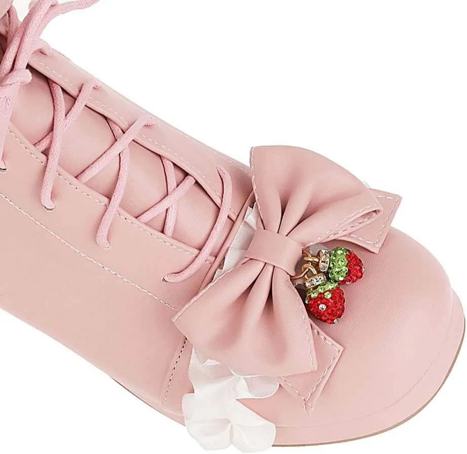 Elyffany Womens Sweet Platform Lolita Boots Chunky Heel Lace up Bow Ankle Boots