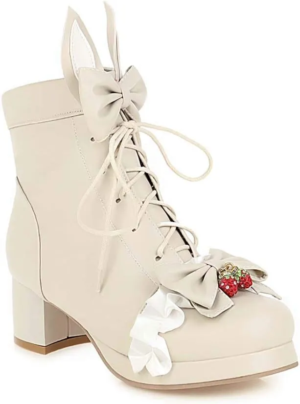 Elyffany Womens Sweet Platform Lolita Boots Chunky Heel Lace up Bow Ankle Boots