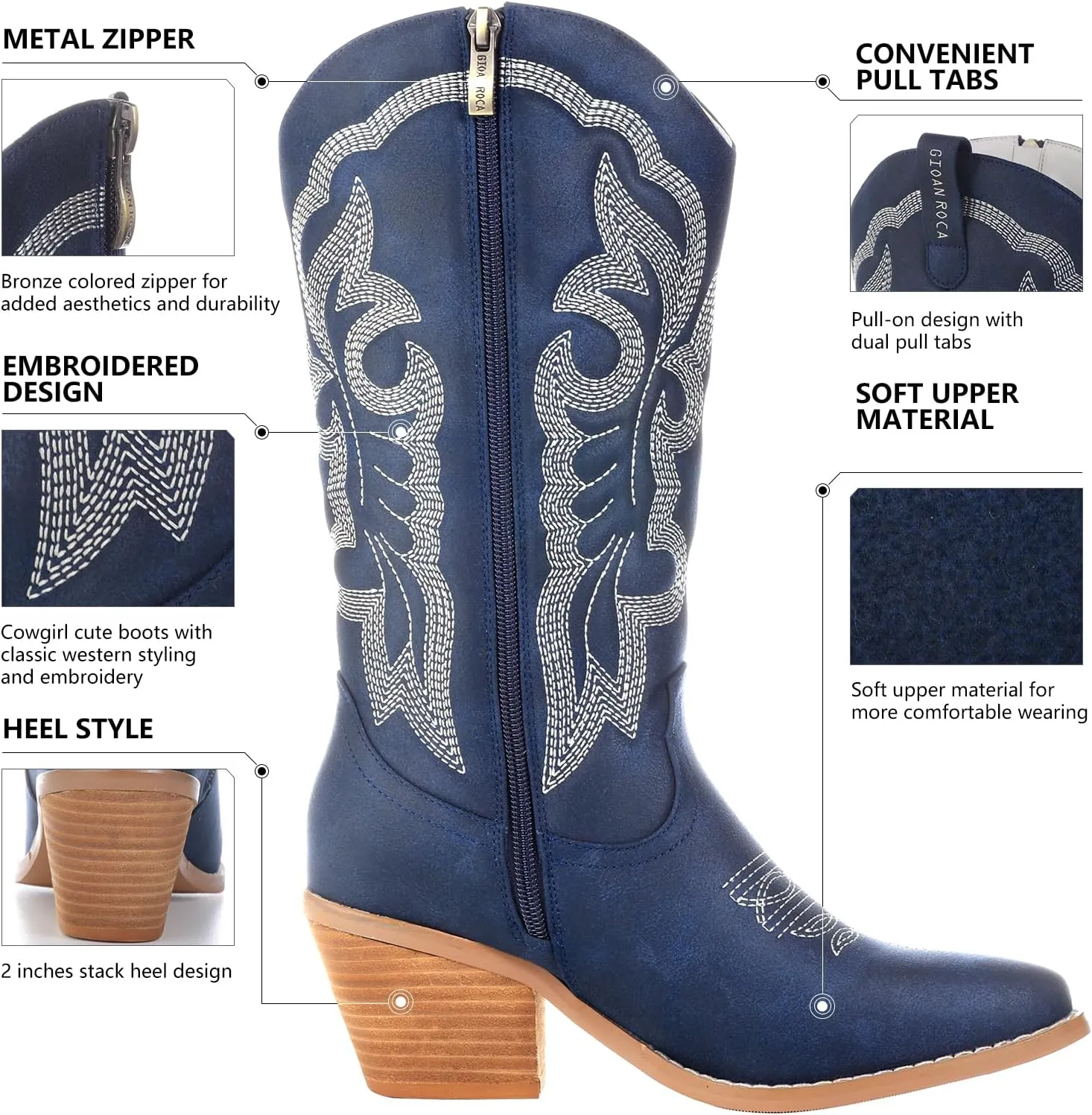 Embroidered Cowboy Boots for Women, Fashion Retro Western Pointed Toe Chunky Heel The Knee,Pull-On Stitching Point Toe Women's Cowgirl Boots