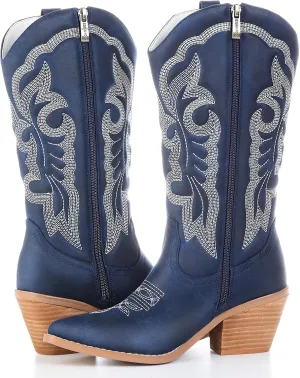 Embroidered Cowboy Boots for Women, Fashion Retro Western Pointed Toe Chunky Heel The Knee,Pull-On Stitching Point Toe Women's Cowgirl Boots