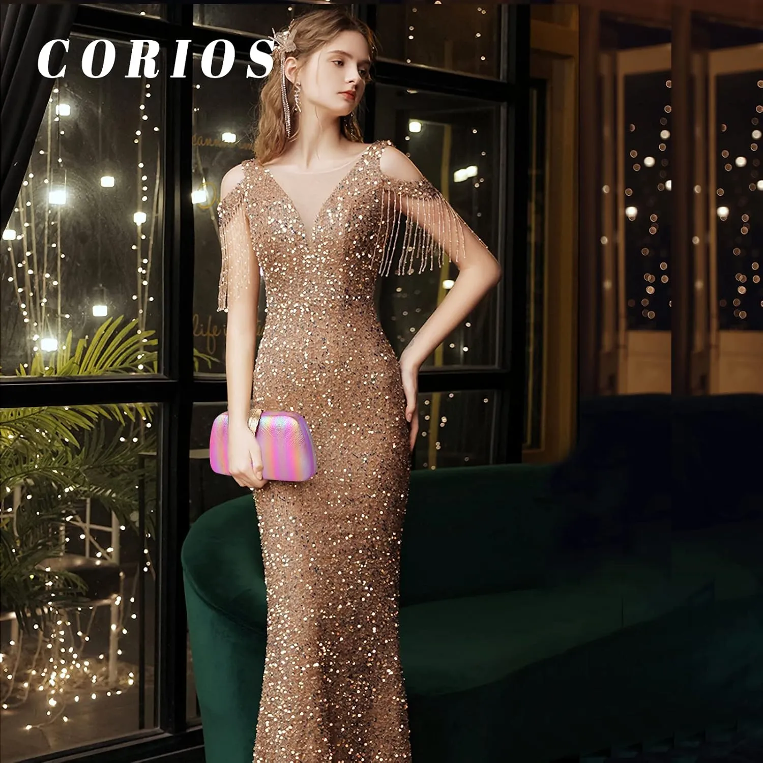 Evening Bag for Women Small Clutch Purses with Leaf-style Flip Lock Sparkly Glitter Handbag