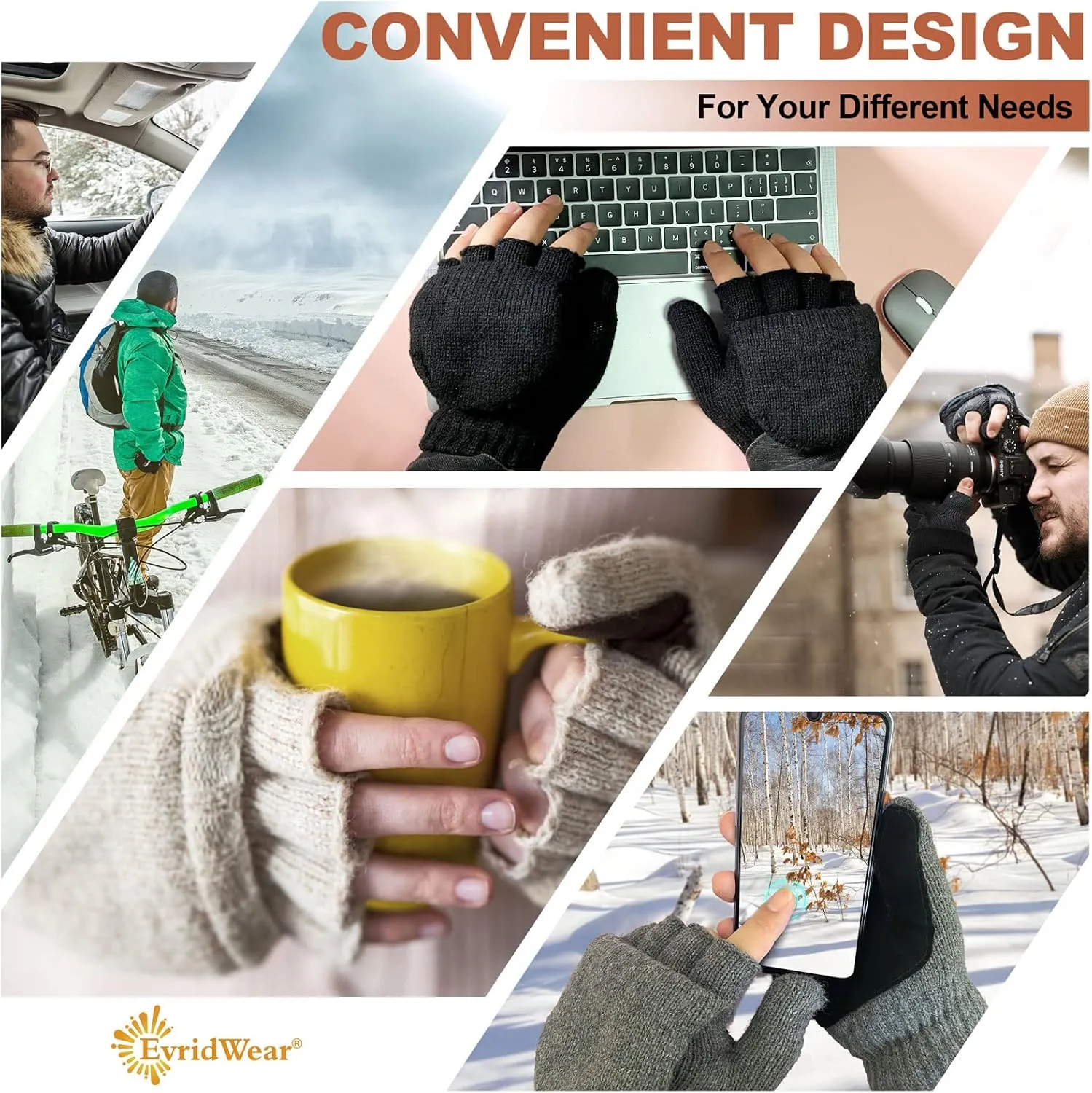 Evridwear Fingerless Winter Gloves Convertible, Knitted Wool Flip-top Mittens, Anti-Slip Suede Leather, Unisex