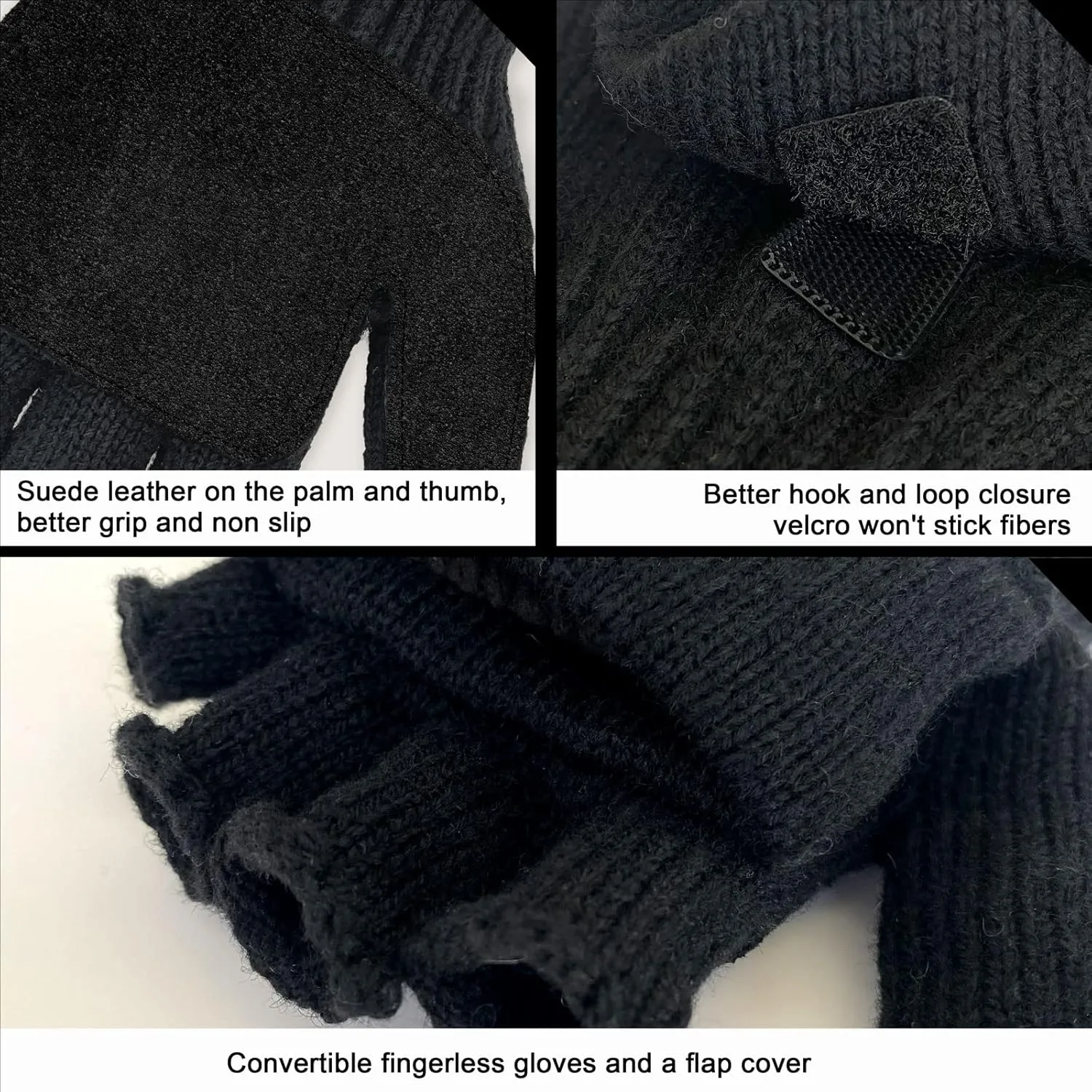 Evridwear Fingerless Winter Gloves Convertible, Knitted Wool Flip-top Mittens, Anti-Slip Suede Leather, Unisex