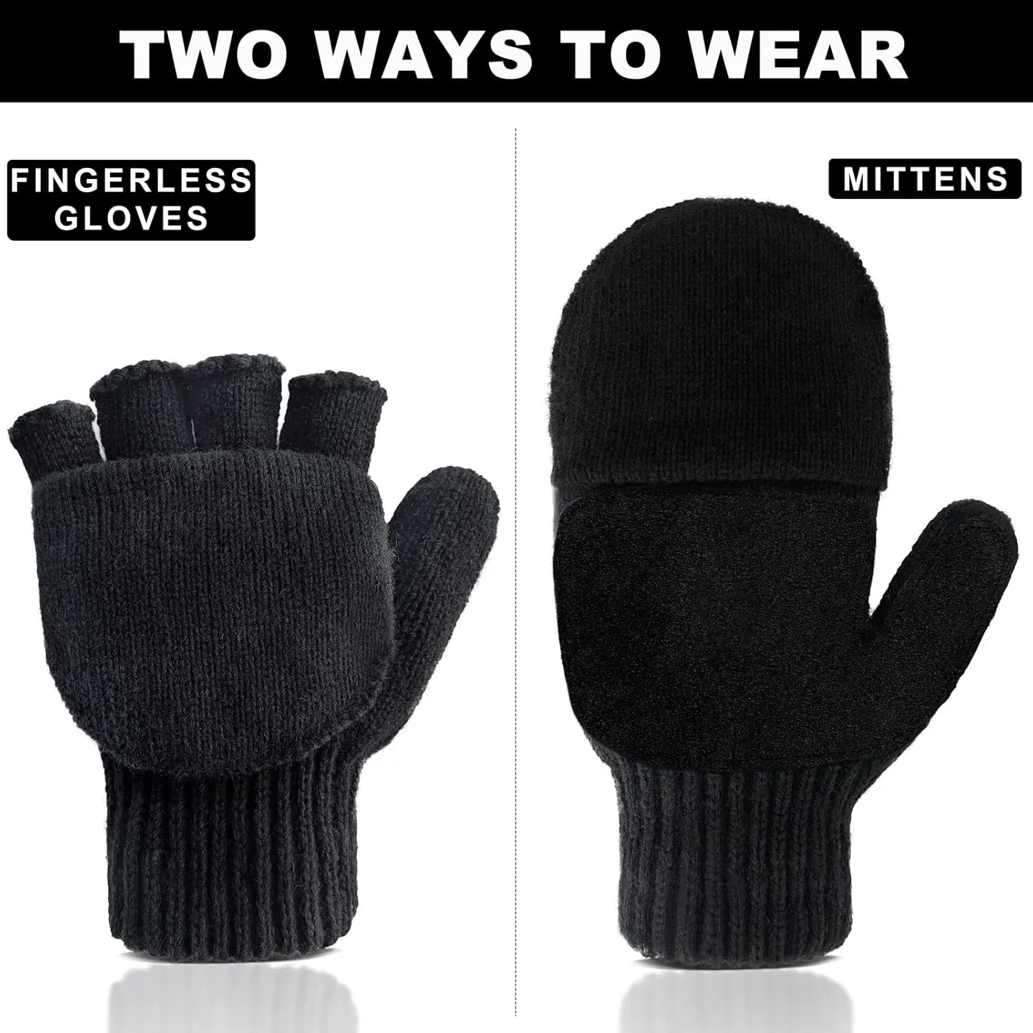 Evridwear Fingerless Winter Gloves Convertible, Knitted Wool Flip-top Mittens, Anti-Slip Suede Leather, Unisex
