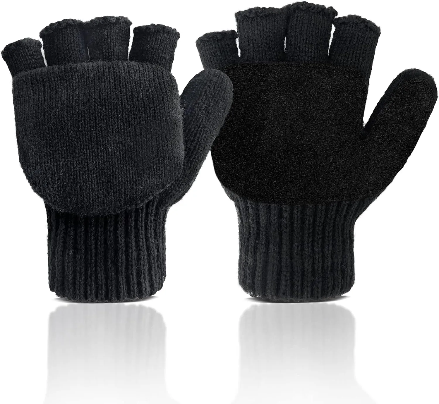 Evridwear Fingerless Winter Gloves Convertible, Knitted Wool Flip-top Mittens, Anti-Slip Suede Leather, Unisex