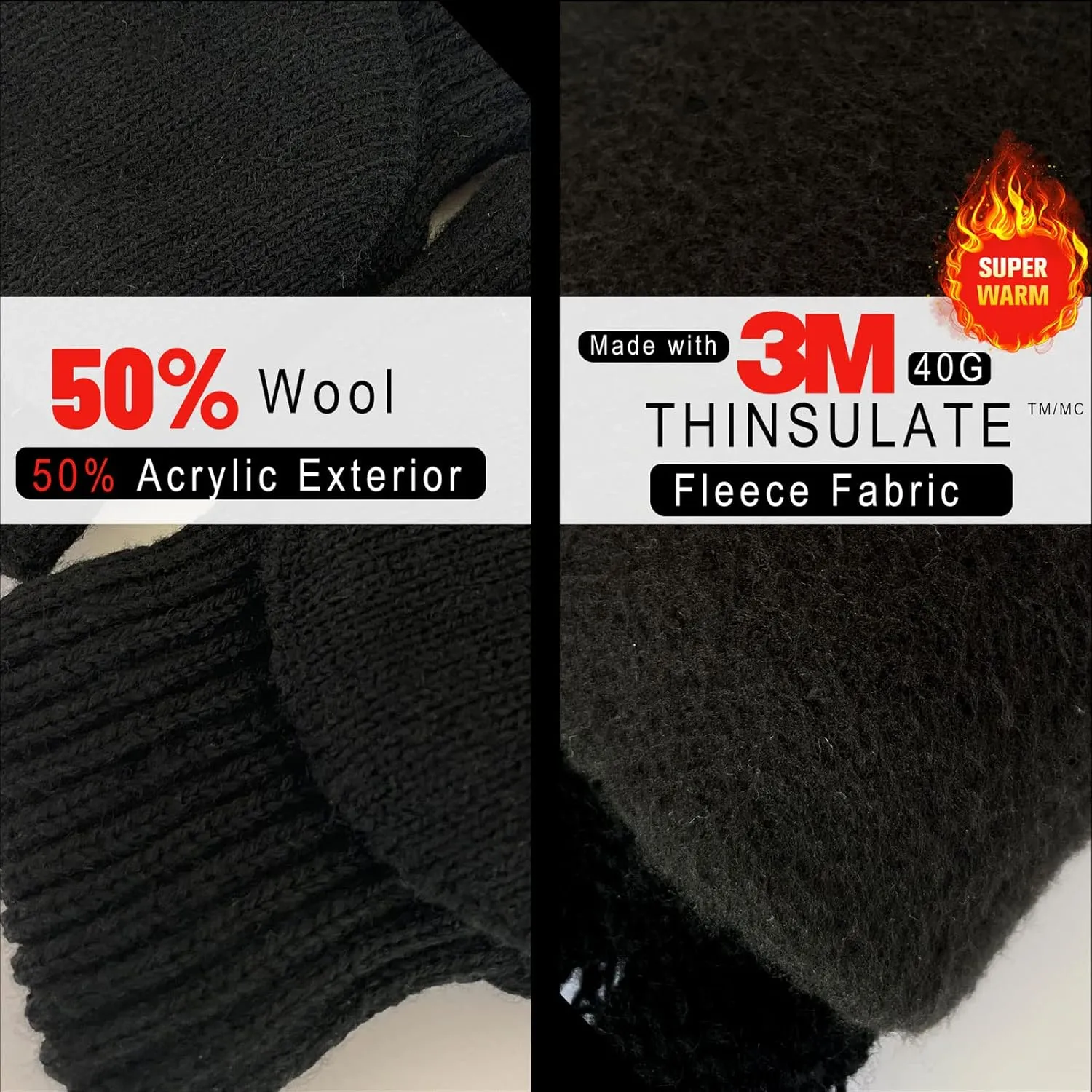 Evridwear Fingerless Winter Gloves Convertible, Knitted Wool Flip-top Mittens, Anti-Slip Suede Leather, Unisex