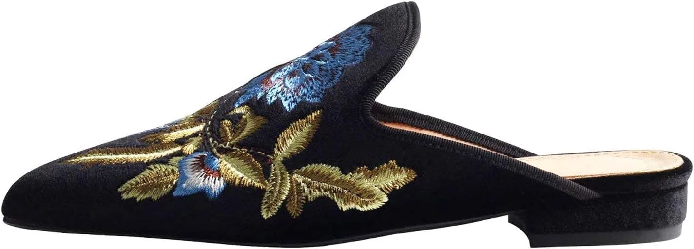 Fericzot Women's Velvet Backless Pointed Toe Slip On Loafers Flats Embroidery Mule Slippers Shoes