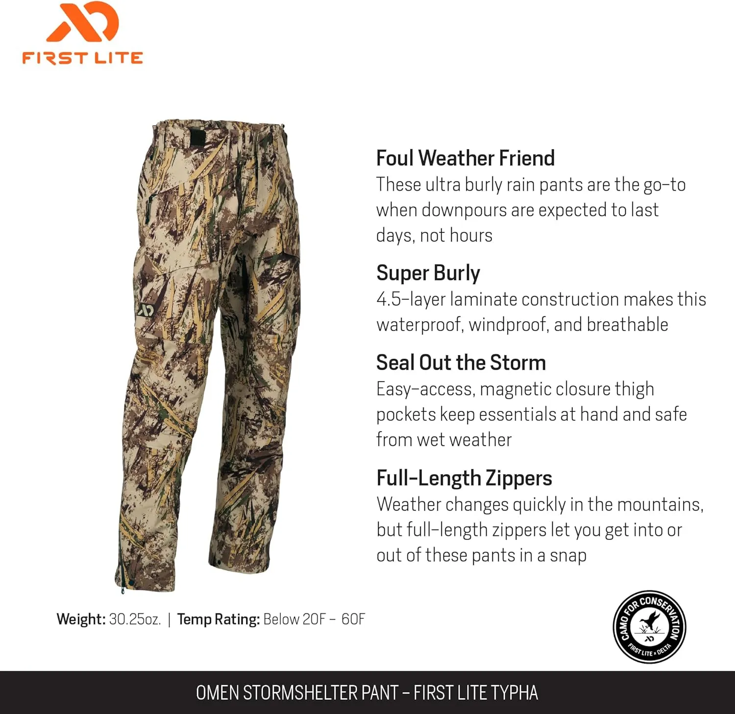 First Lite Men's Omen Stormshelter Pant - Waterproof Durable Camo Hunting Rain Pants