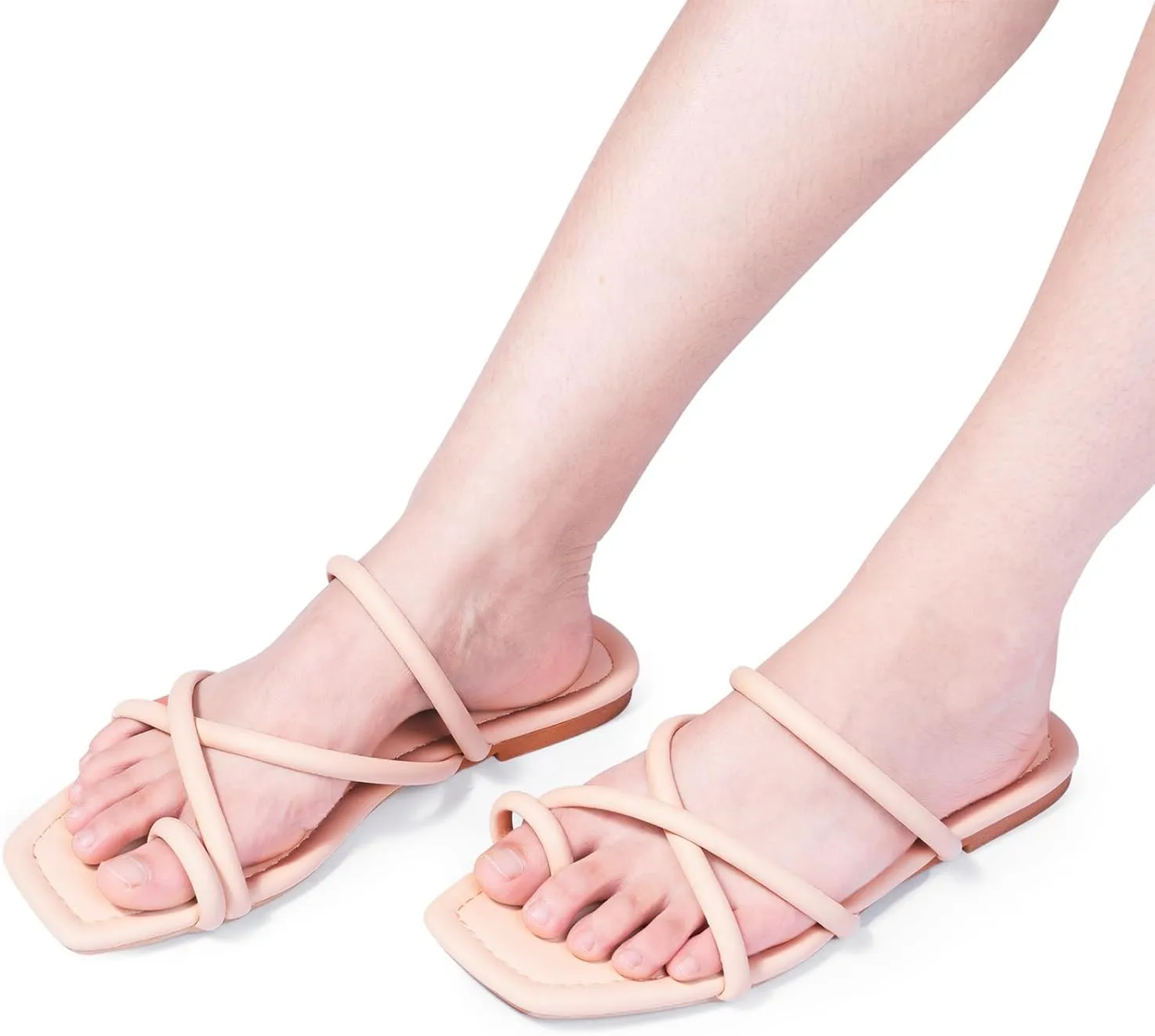 FITORY Women's Slide Sandals Flat Toe Ring Thongs with Cross Strap for Summer Size