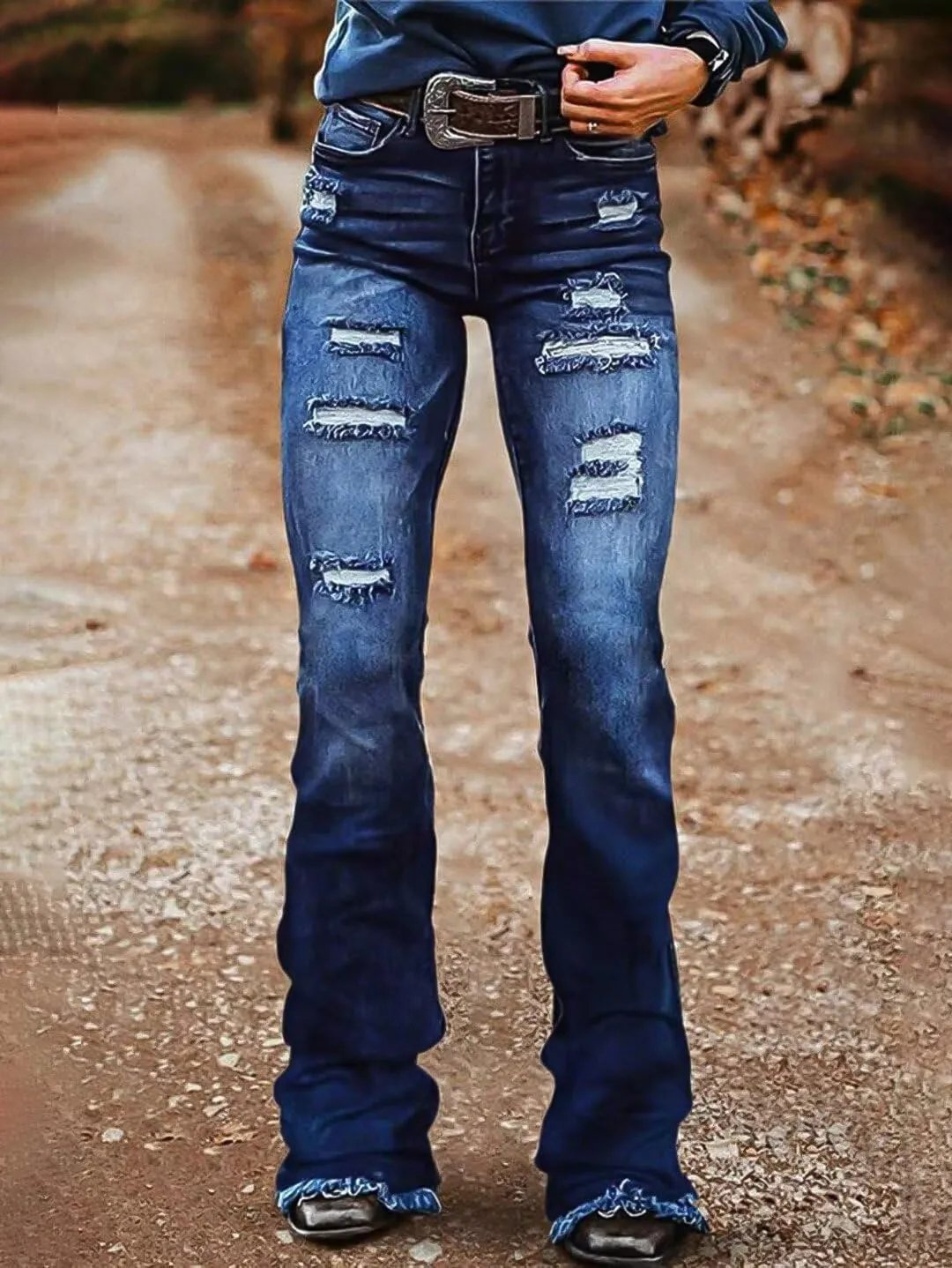 Flamingals Women's High Waist Boot Cut Jeans Stretchy Cut Out Tummy Control Denim Pants Without Belt