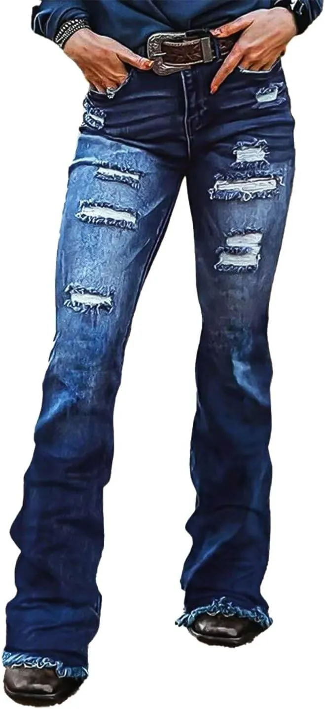 Flamingals Women's High Waist Boot Cut Jeans Stretchy Cut Out Tummy Control Denim Pants Without Belt
