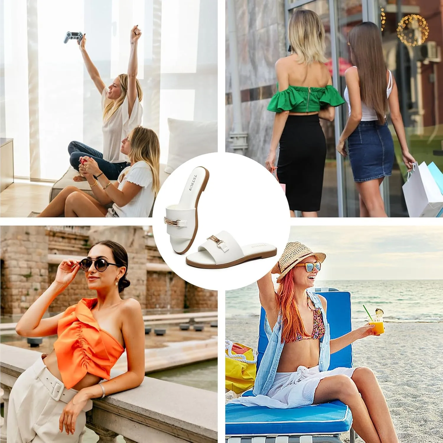 Flat Sandals for Women 2025 Slide Sandals Summer Fashion Women Dressy Slip on Shoes for Party Wedding Vacation Beach Walking Square Open Toe Shoes