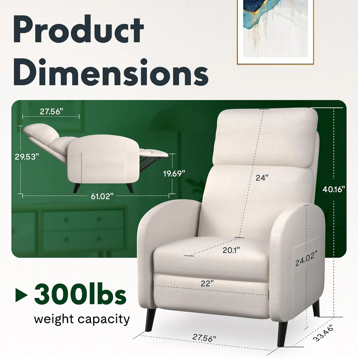 FLEXISPOT XC2 Recliner Chair for Adults, Fabric Small Reclining Chair Home Theater Seating with Side Pockets, Adjustable Modern Single Sofa Armchair, Extended Footrest for Living Room(Beige)