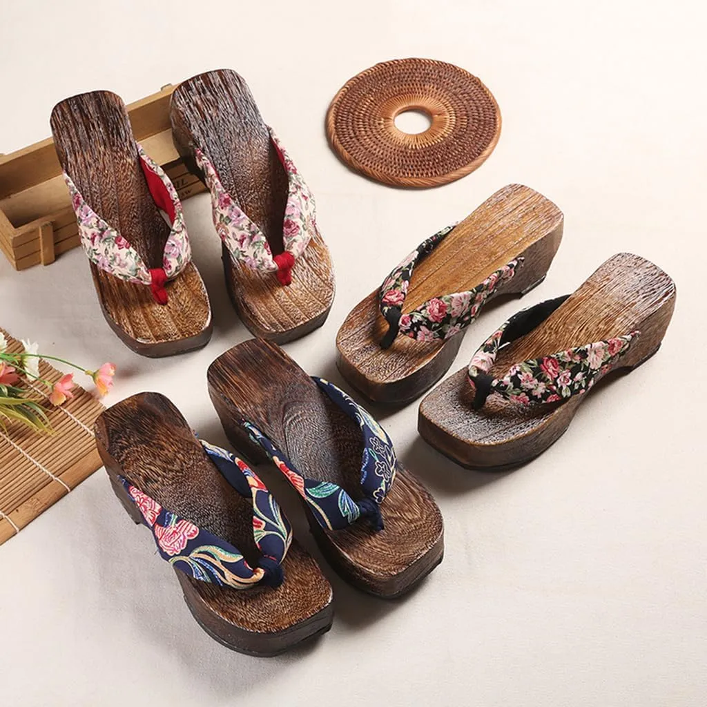Flip- flops Wooden Clogs Slippers,Japan Traditional Shoes,Women's Slopes High Heels Home Clip Feet Cool Shoes,Couple's Leisure Bathroom Beach Shoes