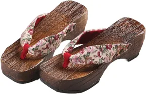 Flip- flops Wooden Clogs Slippers,Japan Traditional Shoes,Women's Slopes High Heels Home Clip Feet Cool Shoes,Couple's Leisure Bathroom Beach Shoes