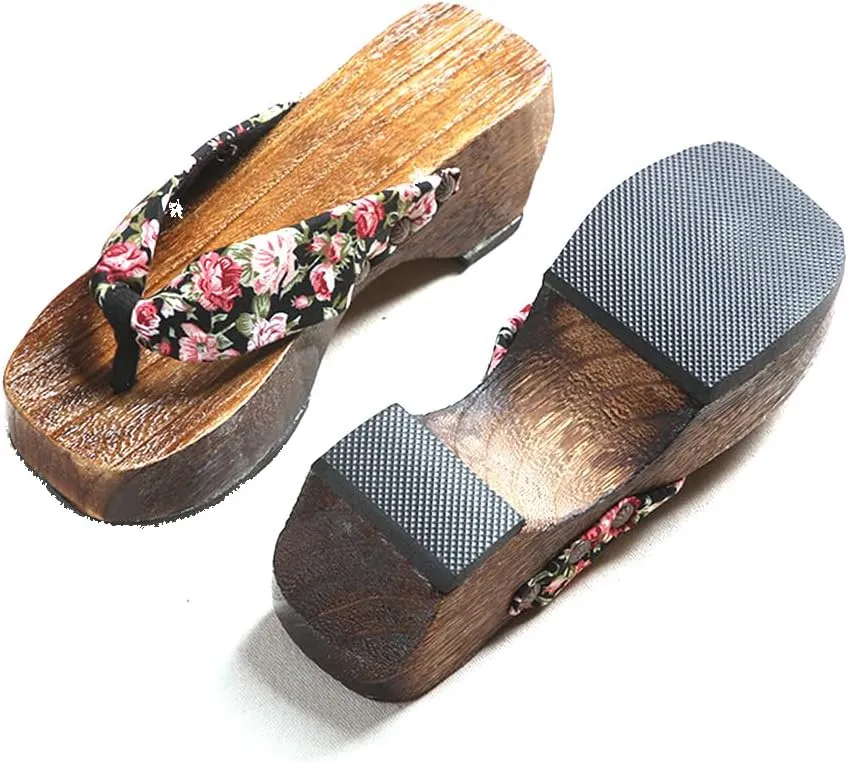 Flip- flops Wooden Clogs Slippers,Japan Traditional Shoes,Women's Slopes High Heels Home Clip Feet Cool Shoes,Couple's Leisure Bathroom Beach Shoes