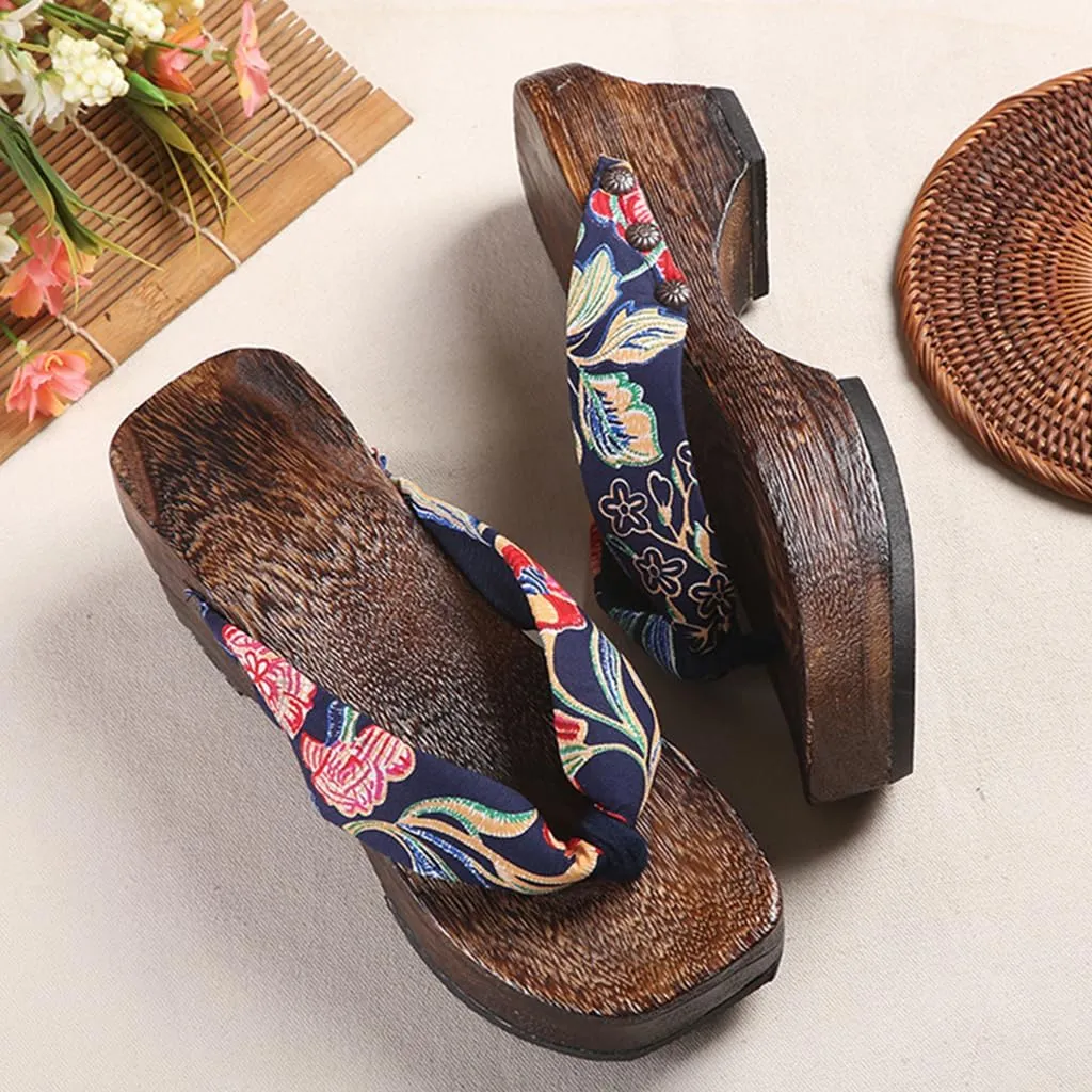 Flip- flops Wooden Clogs Slippers,Japan Traditional Shoes,Women's Slopes High Heels Home Clip Feet Cool Shoes,Couple's Leisure Bathroom Beach Shoes