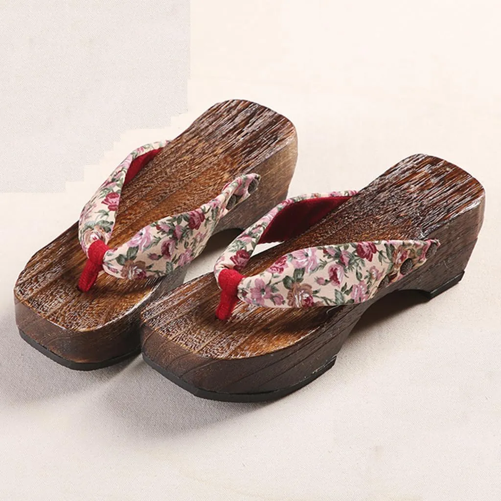 Flip- flops Wooden Clogs Slippers,Japan Traditional Shoes,Women's Slopes High Heels Home Clip Feet Cool Shoes,Couple's Leisure Bathroom Beach Shoes
