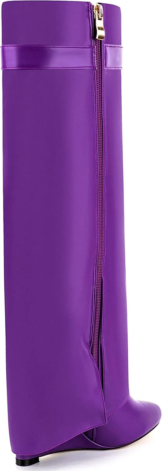 Fold Over Knee High Boots for Women Pointy Pull-on Wedge Heel Knee Shark Boot With Side Zipper Covered Wedge Heel Padlock Boot