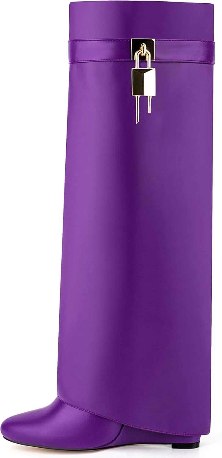 Fold Over Knee High Boots for Women Pointy Pull-on Wedge Heel Knee Shark Boot With Side Zipper Covered Wedge Heel Padlock Boot
