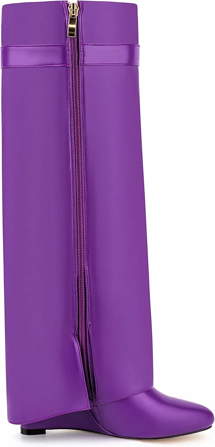Fold Over Knee High Boots for Women Pointy Pull-on Wedge Heel Knee Shark Boot With Side Zipper Covered Wedge Heel Padlock Boot