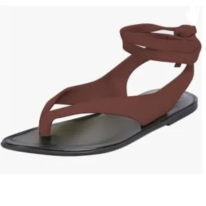 FOWT Wine Split Round Toe Sandals Lace up Strappy Flats Flip Flop Shoes