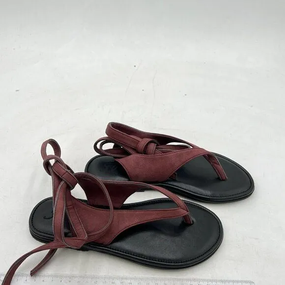 FOWT Wine Split Round Toe Sandals Lace up Strappy Flats Flip Flop Shoes
