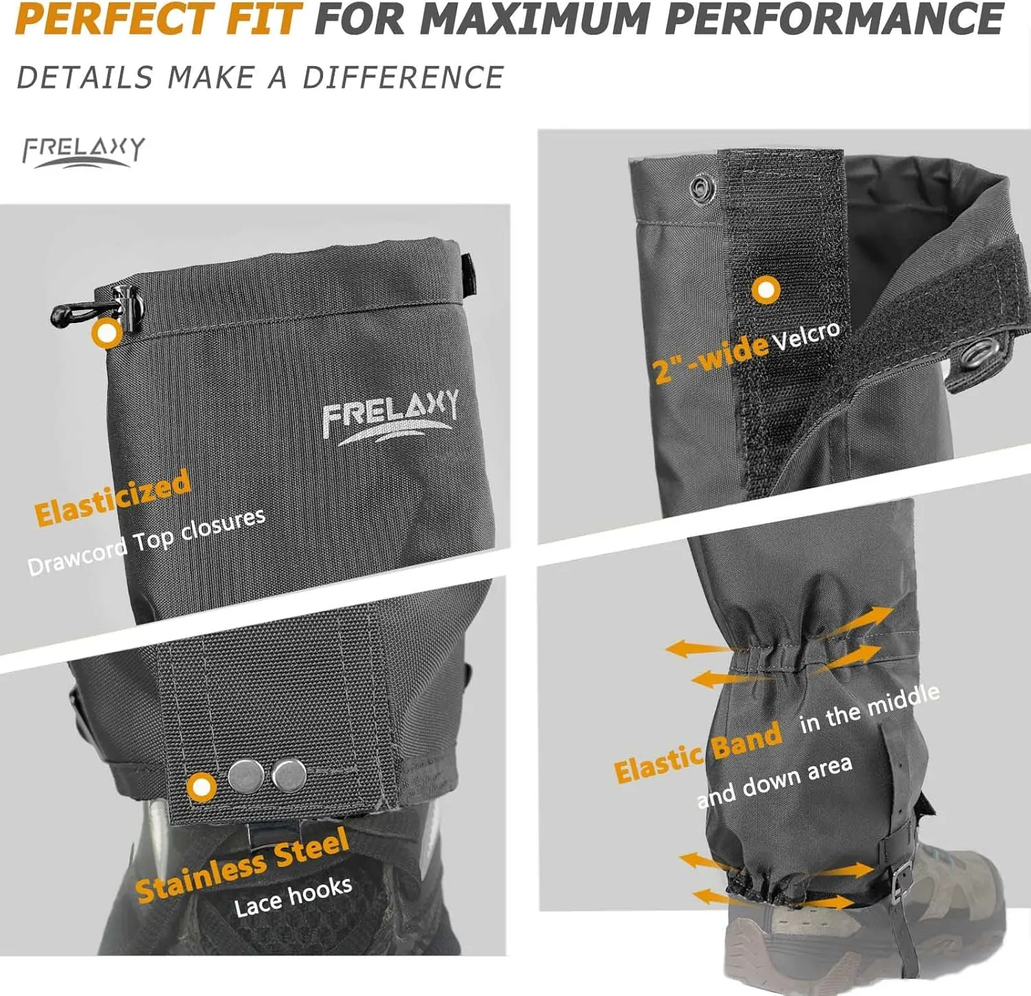 Frelaxy Leg Gaiters Ultra HIGH-Performance Hunting Gaiters, 100% Waterproof Hiking Gaiters with Upgraded Rubber Foot Strap, Adjustable Snow Boot Gaiters