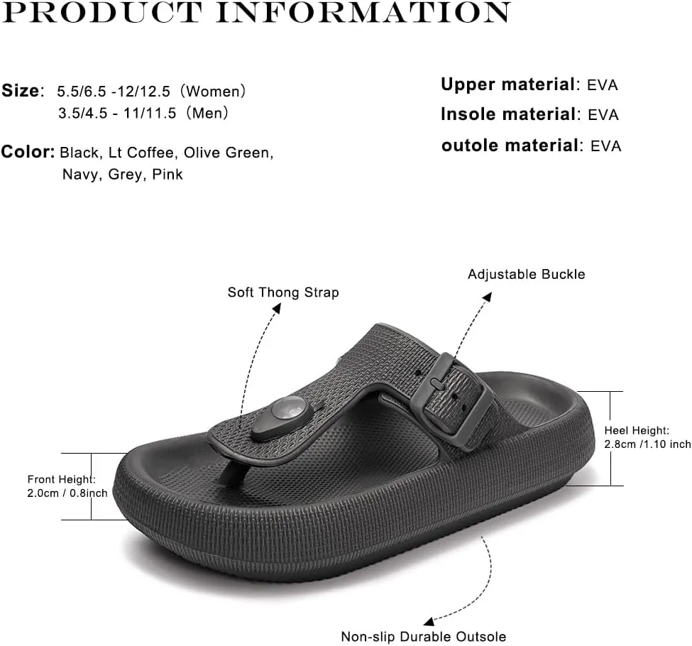 FUNKYMONKEY Thong Sandals Adjustable Buckle EVA Thick-Soled Flip Flops for Women and Men
