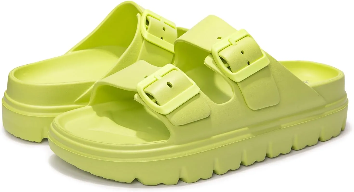 FUNKYMONKEY Women's Comfort Slides Double Buckle Adjustable Plastics Flat Sandals