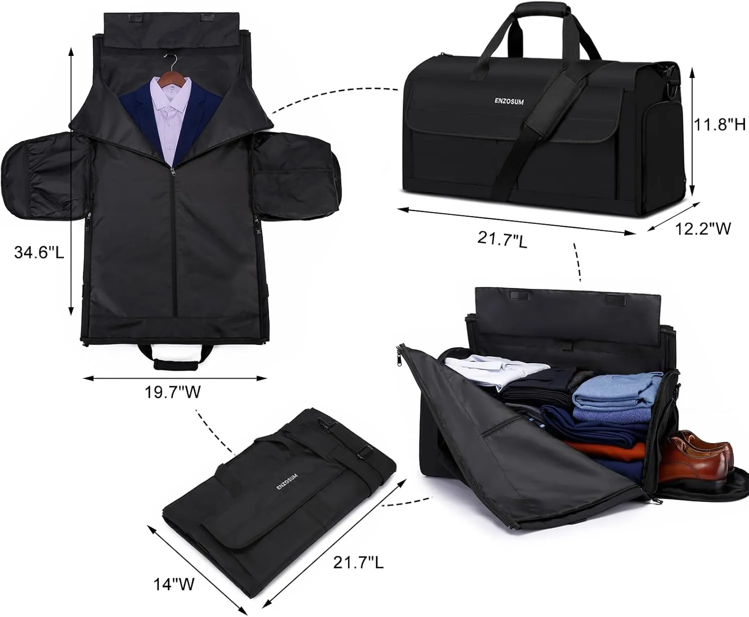 Garment Bags for Travel Large Suit Bag for Men Carry On Garment Bag Convertible Garment Duffle Bag with Shoes Compartment,2 in 1 Hanging Dress Suitcase Suit Travel Bags,Black