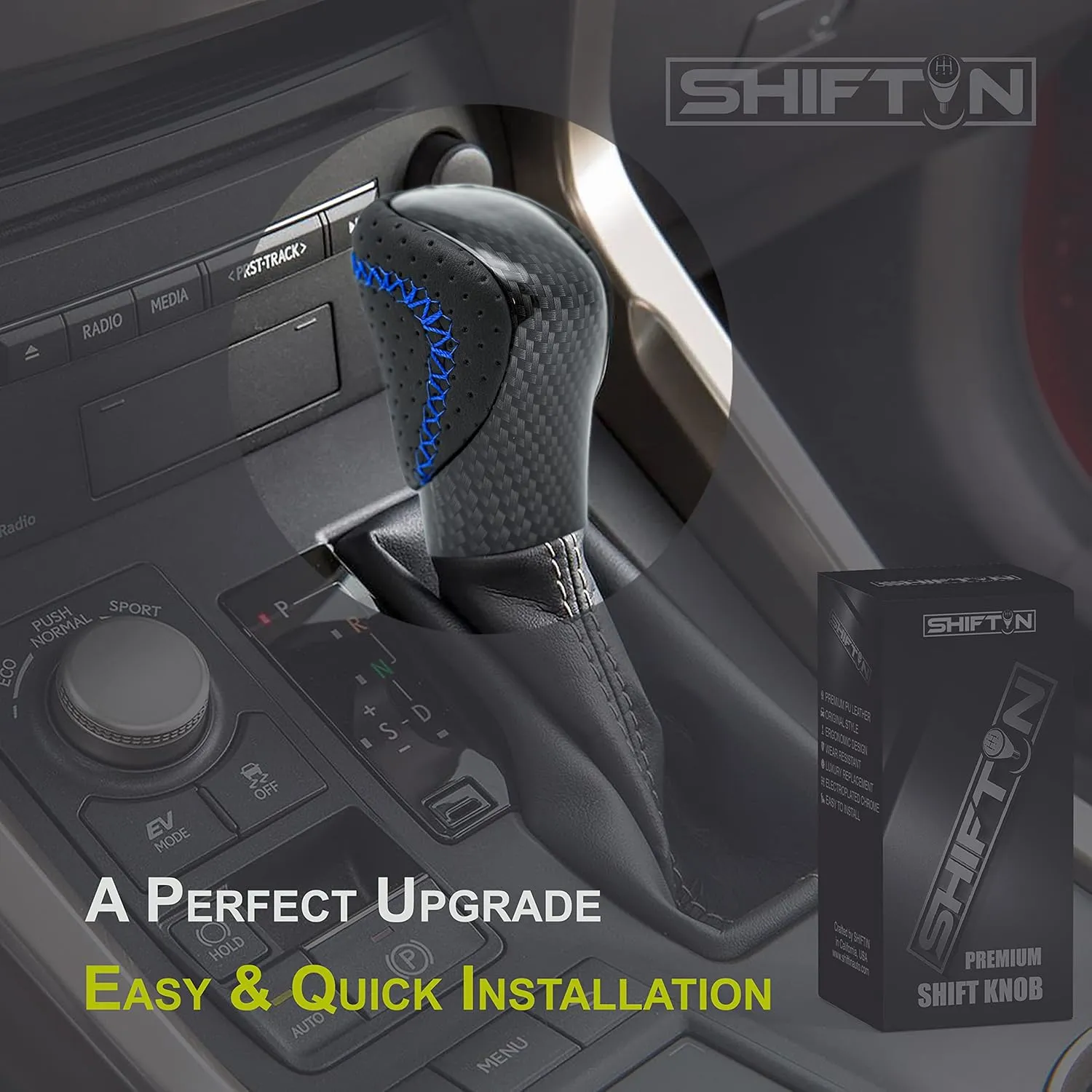 Gear Shift Knob Shifter for Lexus ES GS GX is NX RC RX 200t 300 350 3450h 450hL 350L (Blue Stitch/Carbon Fiber Pattern)