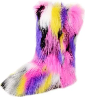 Gegefur Women's Faux fur Boot Furry Fluffy Short Snow Boot Mid-Calf Boots Warm Comfortable Outdoor Flat Shoes